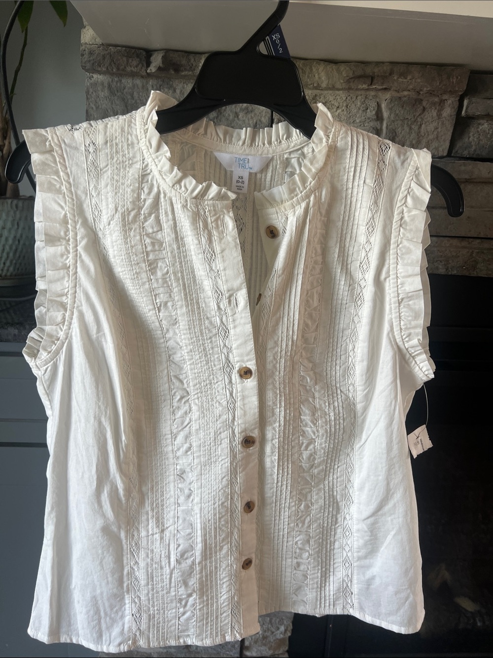 Time and Tru Cream Ruffled Pintuck Button-Front Blouse